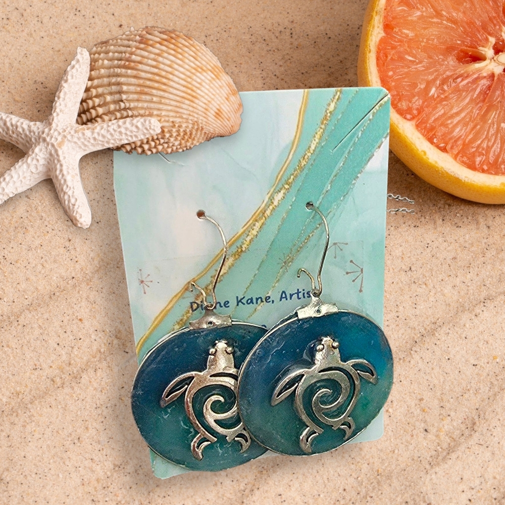 Ocean-Inspired Silver and Blue Turtle Earrings